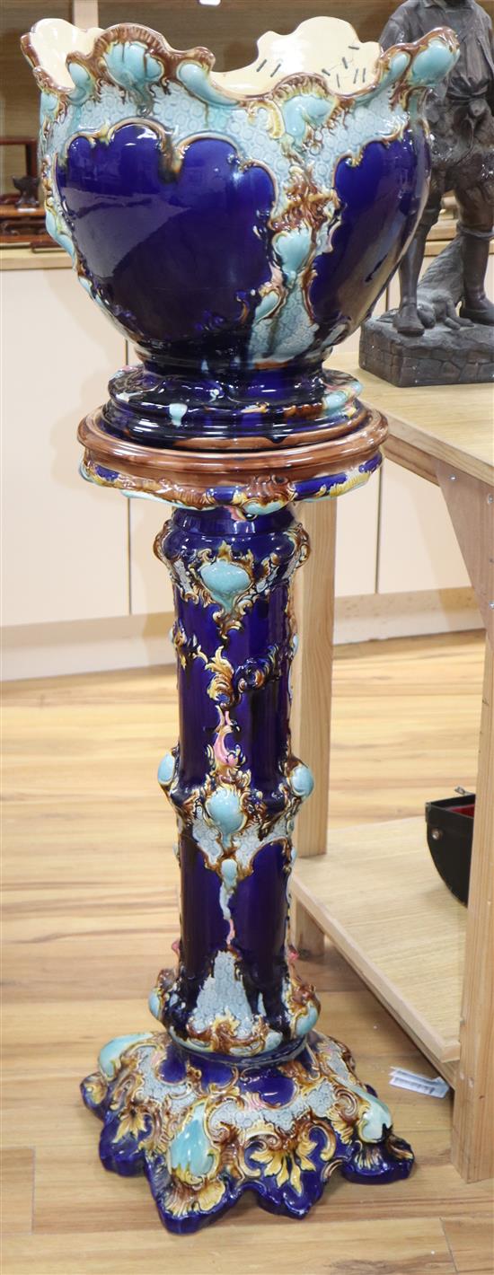 A Victorian blue and turquoise decorated jardiniere, on stand overall height 124cm